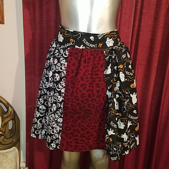 Halloween goth glitter skulls cheetah skirt circle handmade a line punk red diy - Picture 1 of 9
